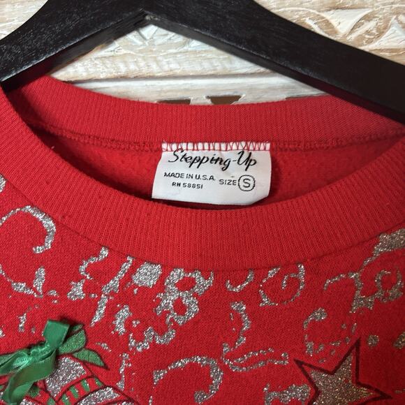 Vintage 80s Jingle Bells Glitter Sequins Christmas Sweatshirt Red Pullover Art S - Picture 4 of 8